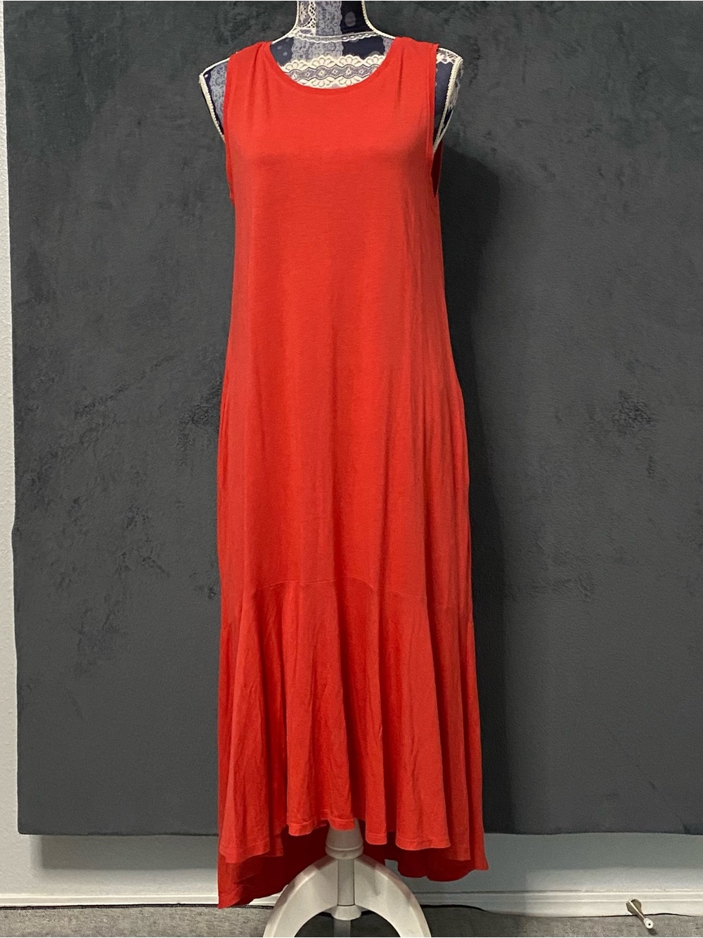 Zara Maxi T-shirt Dress Womens L Red Sleeveless Stretch Tiered Jersey Pockets